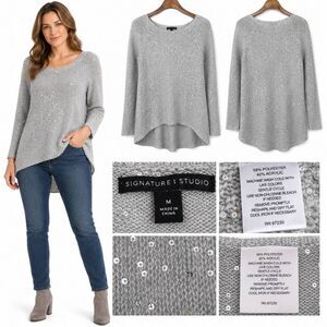 Signature Studio Sequin Knit Sweater Gray Medium
